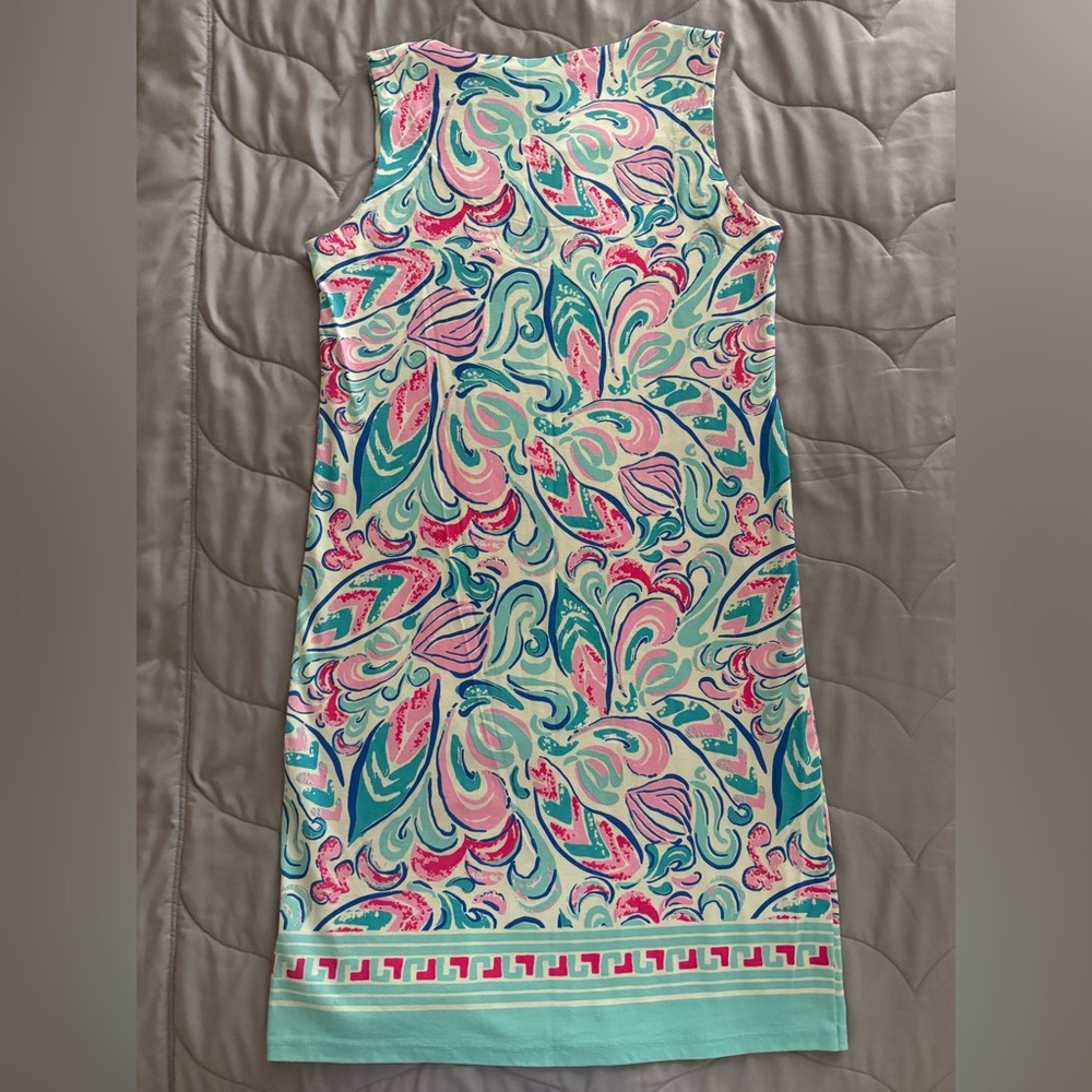 Pink and Blue Sleeveless Sheath Dress with Crew Neck